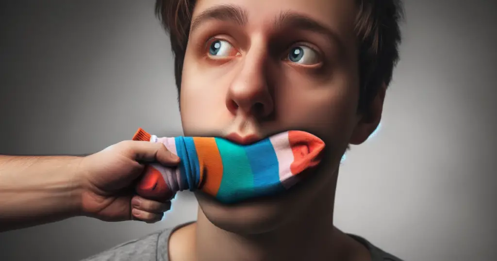 A man with a sock in his mouth representing the English idiom "Put A Sock In it"