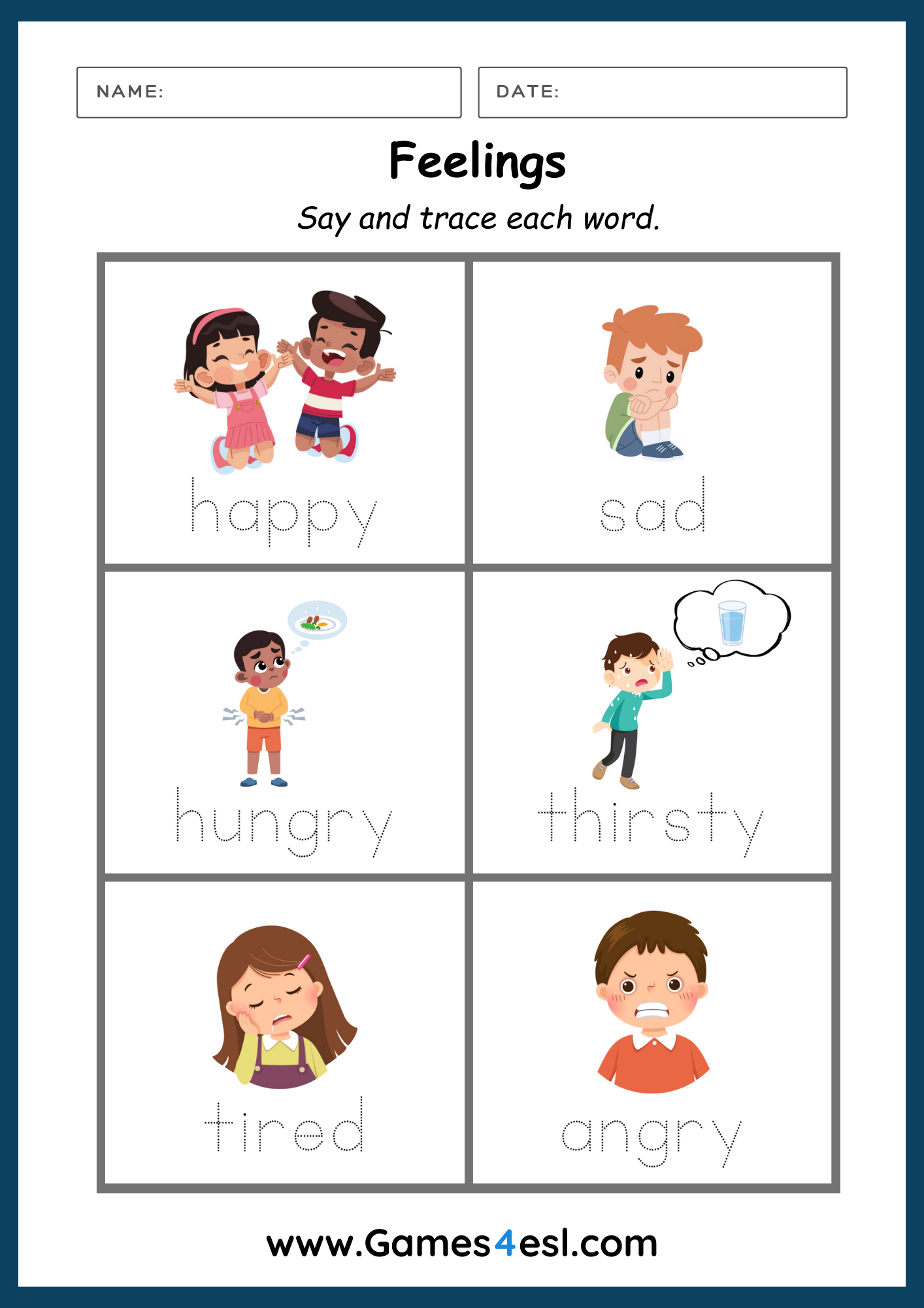 A worksheet for teaching feelings and emotions in English.