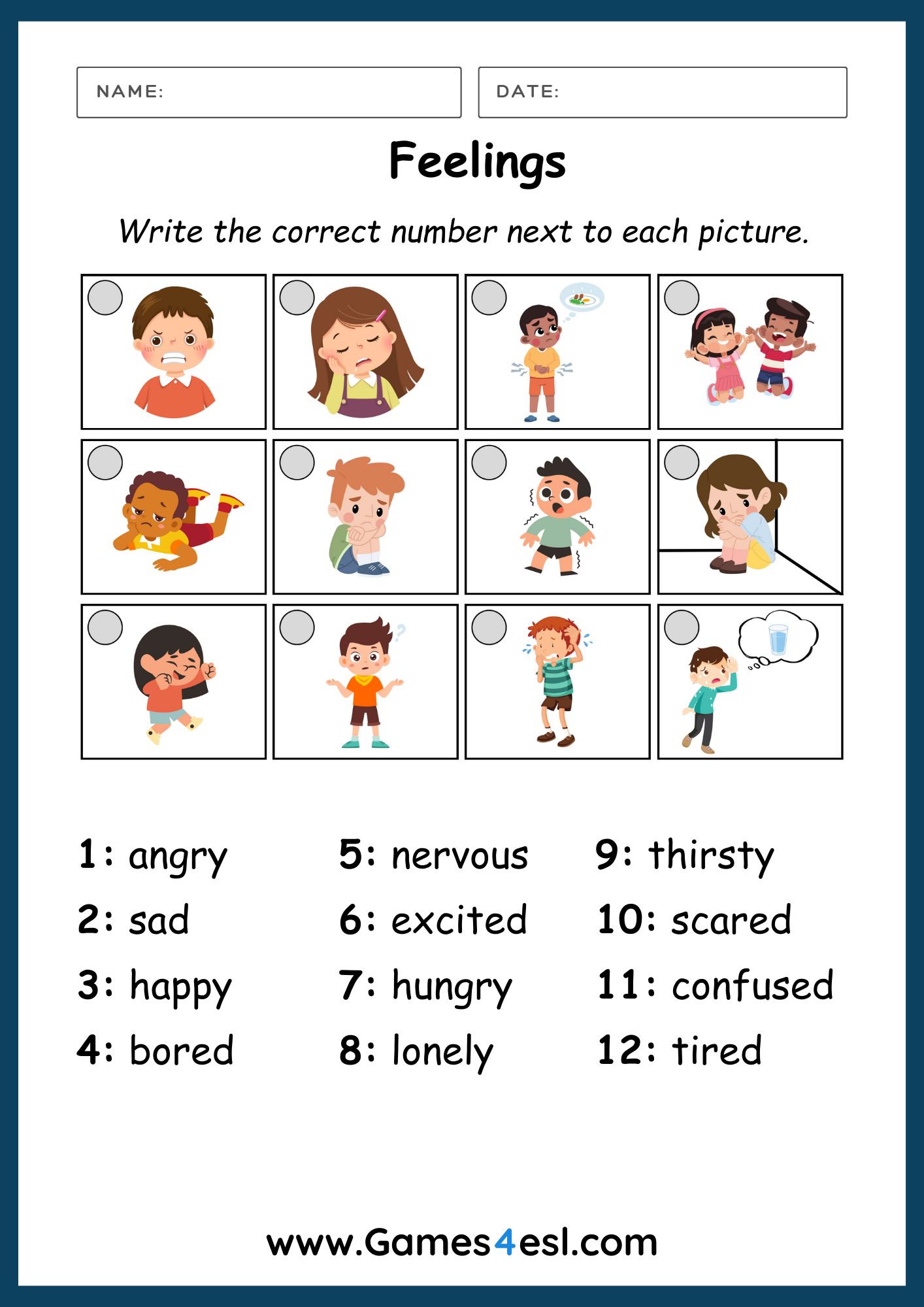 A worksheet for teaching feelings and emotions in English.