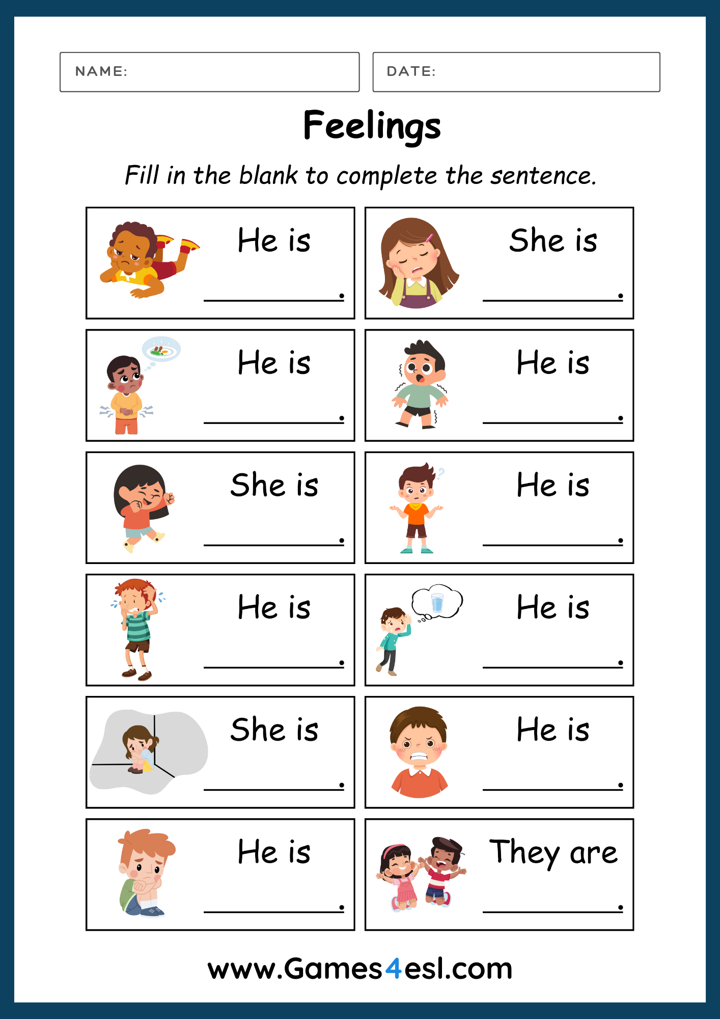 A worksheet for teaching feelings and emotions in English.