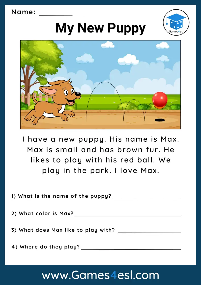A 1st grade Reading Comprehension worksheet about a puppy
