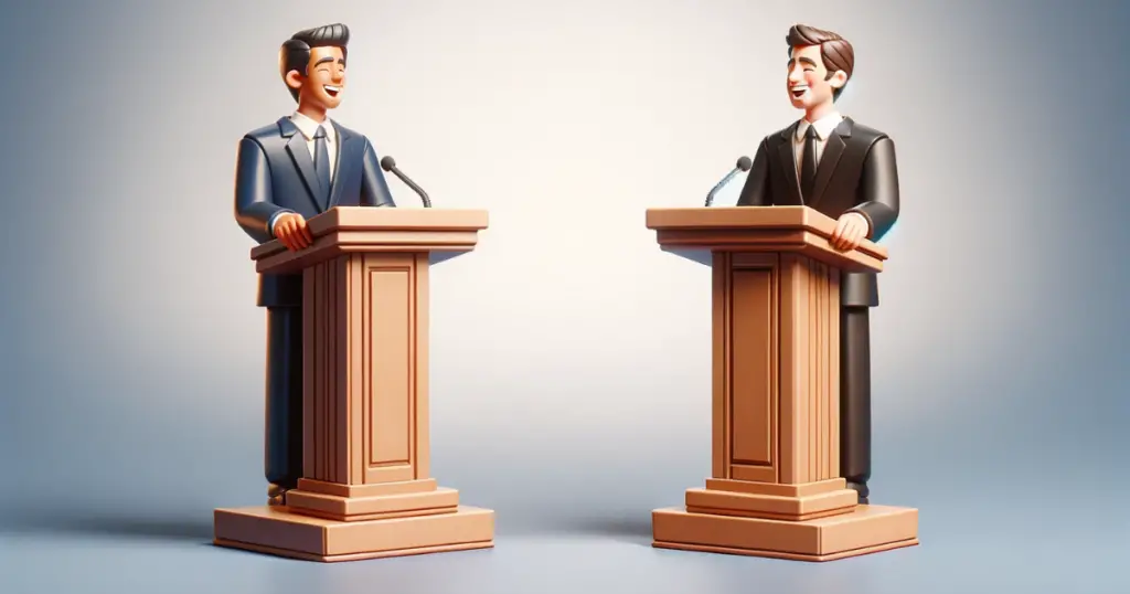 Two men standing behind debate podiums laughing