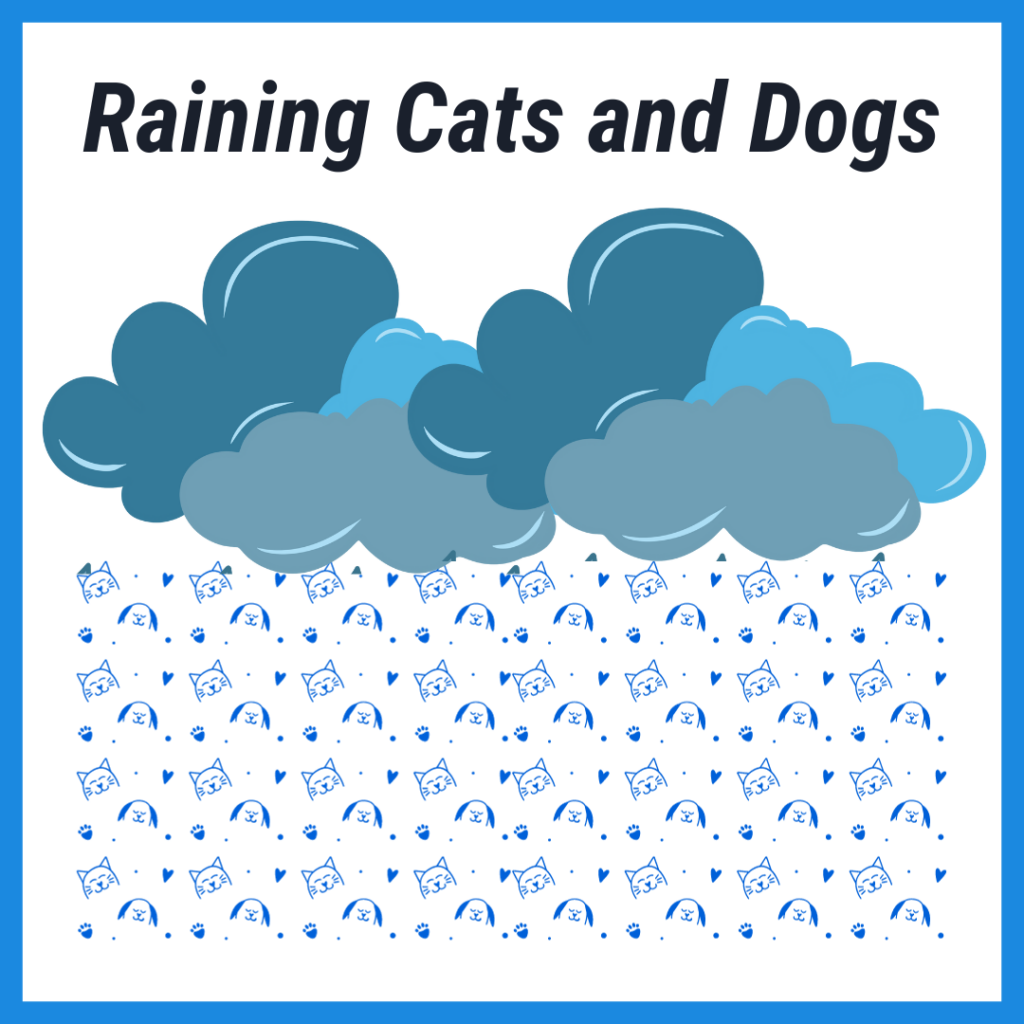 A Picture depicting the English idiom "Raining Cats And Dogs"