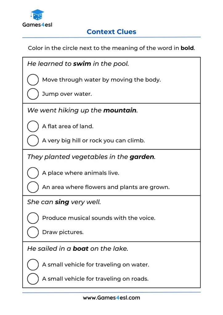 Context Clues Worksheets | Games4esl