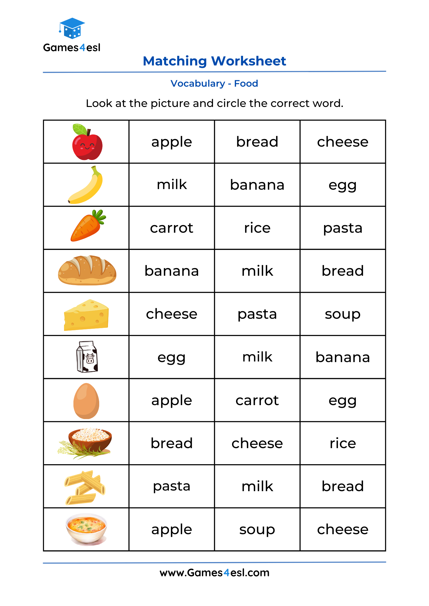 A vocabulary worksheet for practicing food in English.