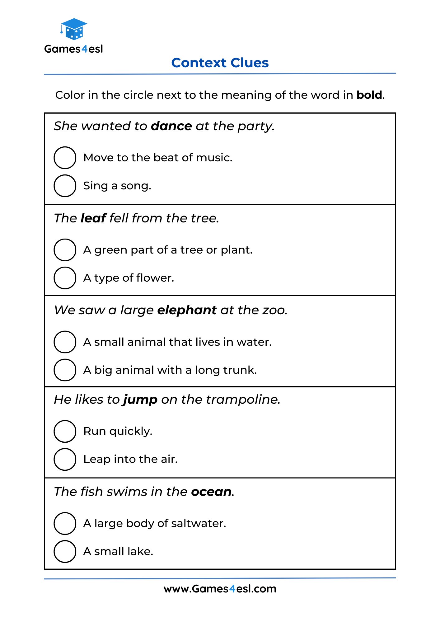 A Context Clues Worksheet for grade 1.