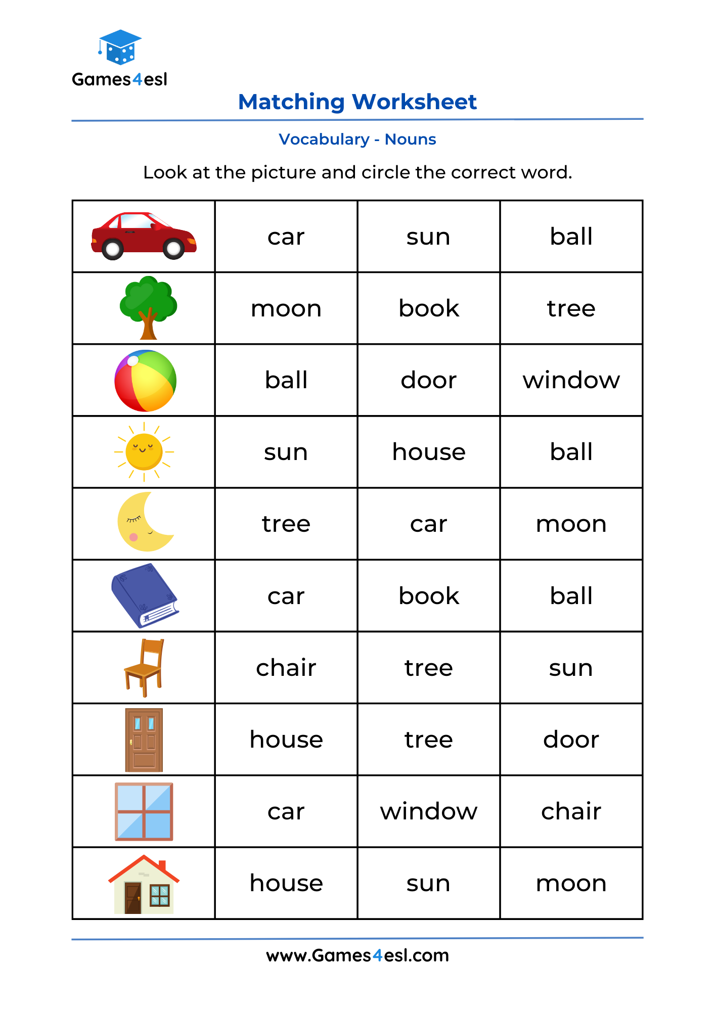 A matching worksheet for grade 1 students.