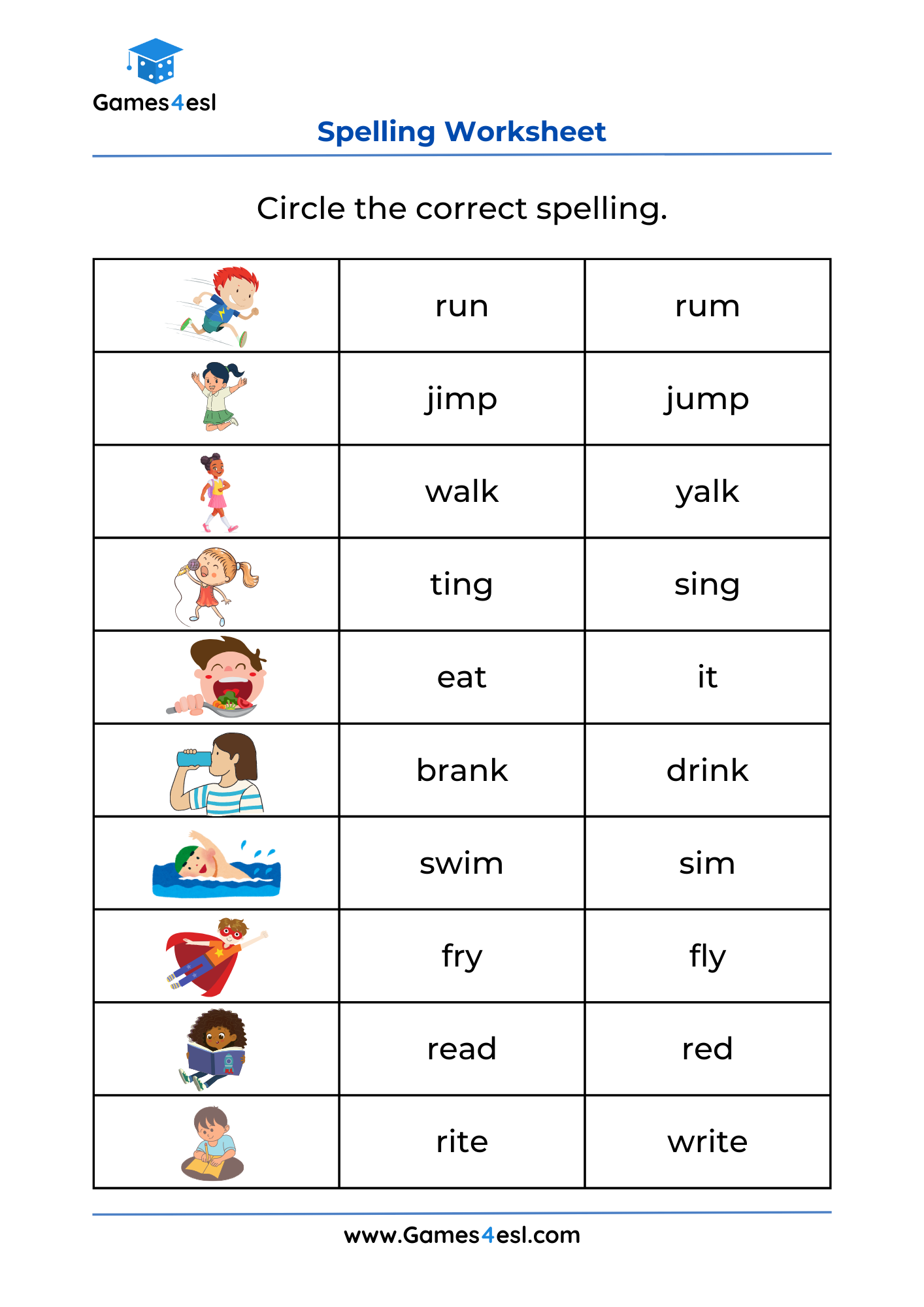 A grade 1 spelling worksheet.