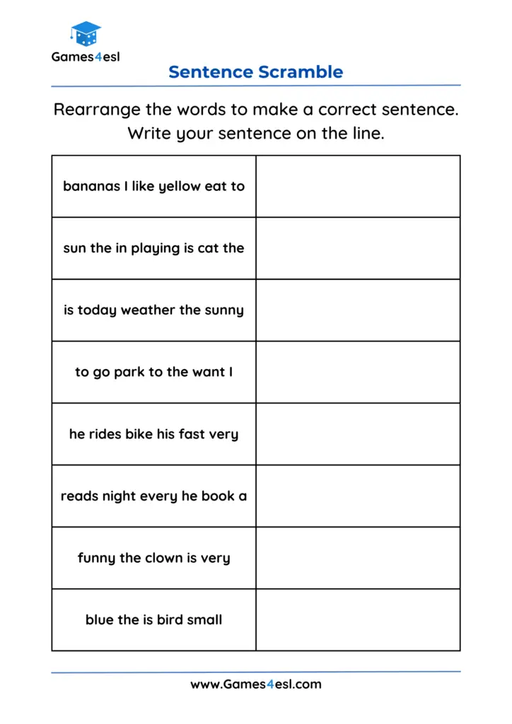 Grade 2 Sentence Worksheets | Games4esl