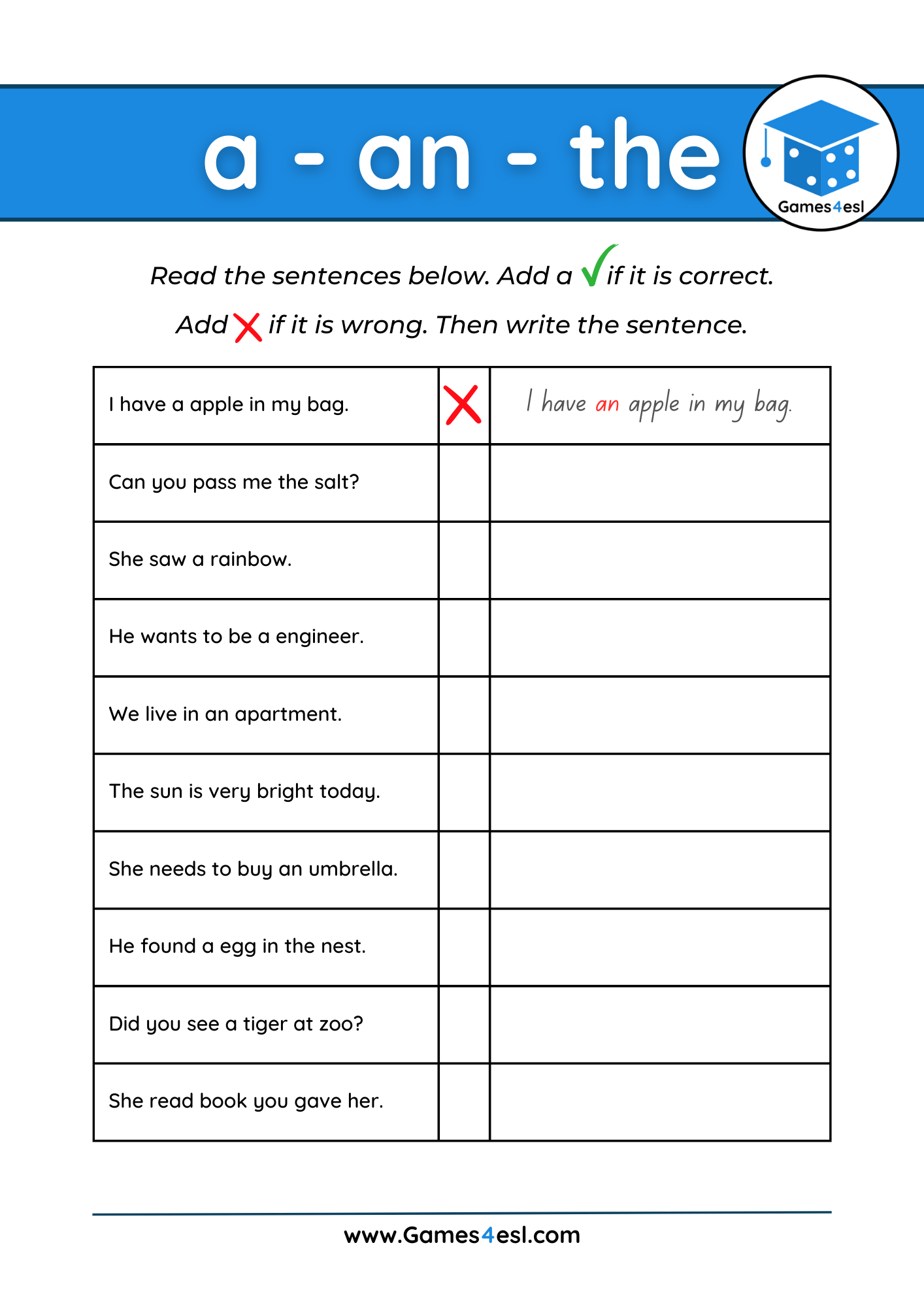 A Grade 2 Worksheet for teaching articles a, an, and the. 