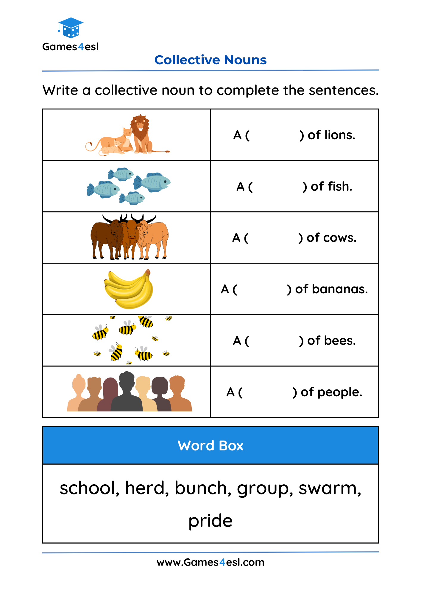 A Grade 2 worksheet for teaching collective nouns.