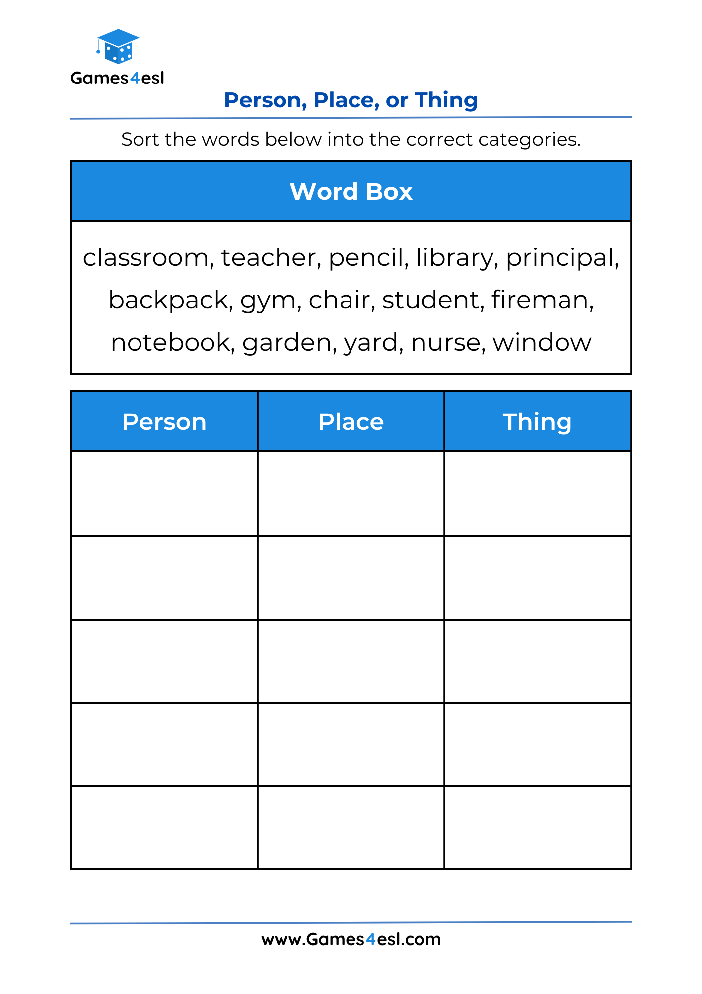 A Grade 2 Worksheet for teaching person, place, or thing.