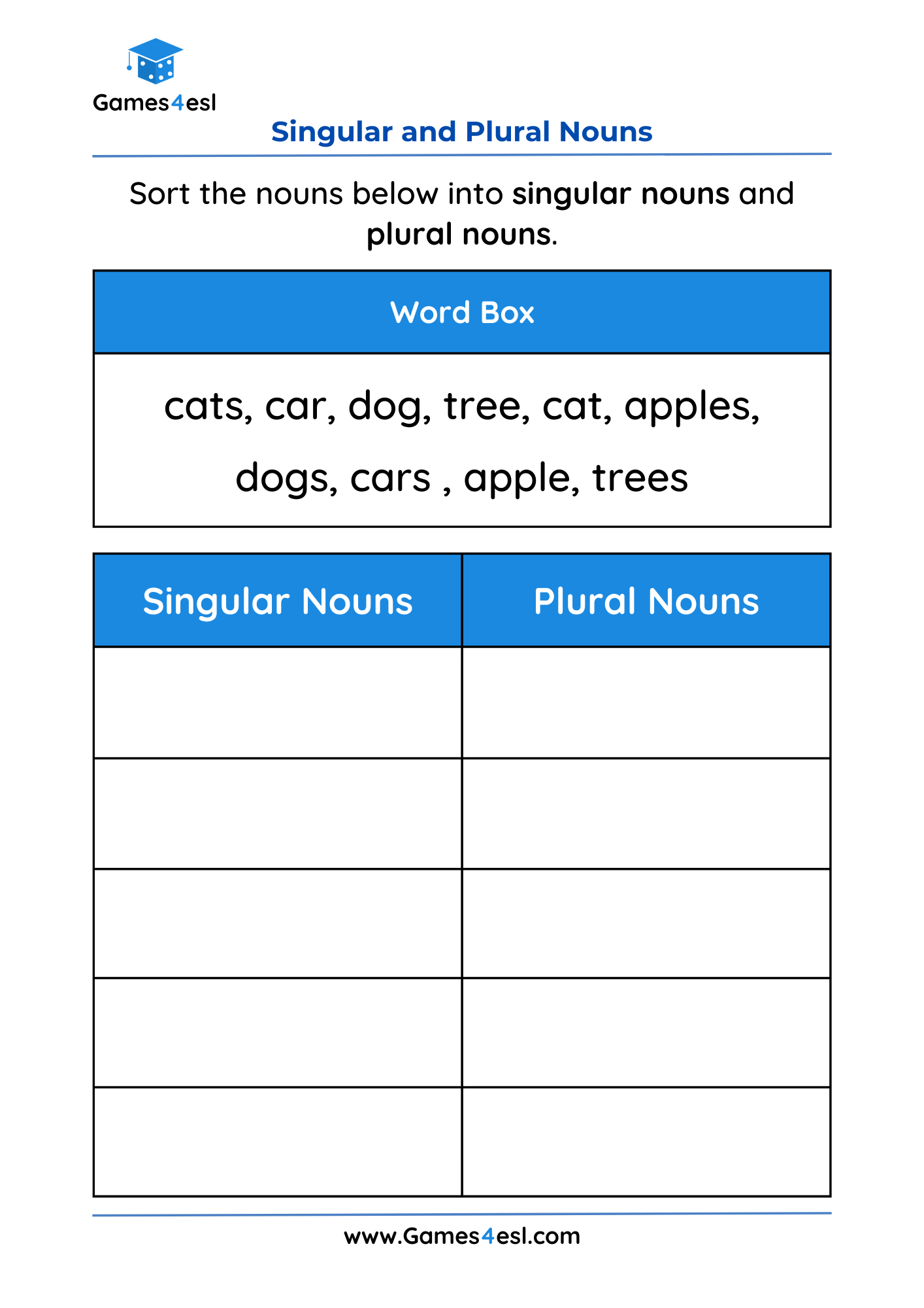 A Grade 2 Worksheet for learning singular and plural nouns.