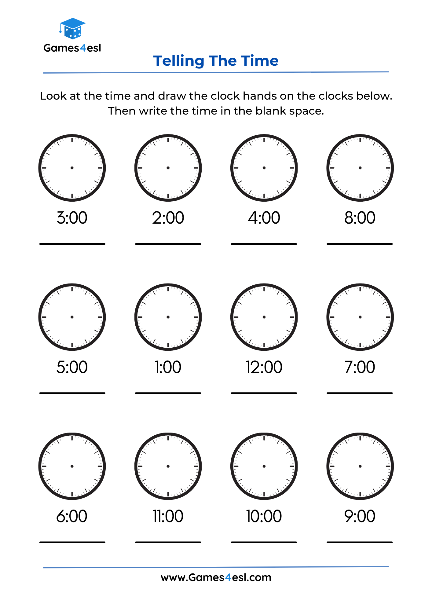 A Grade 2 Worksheet to practice telling the time.
