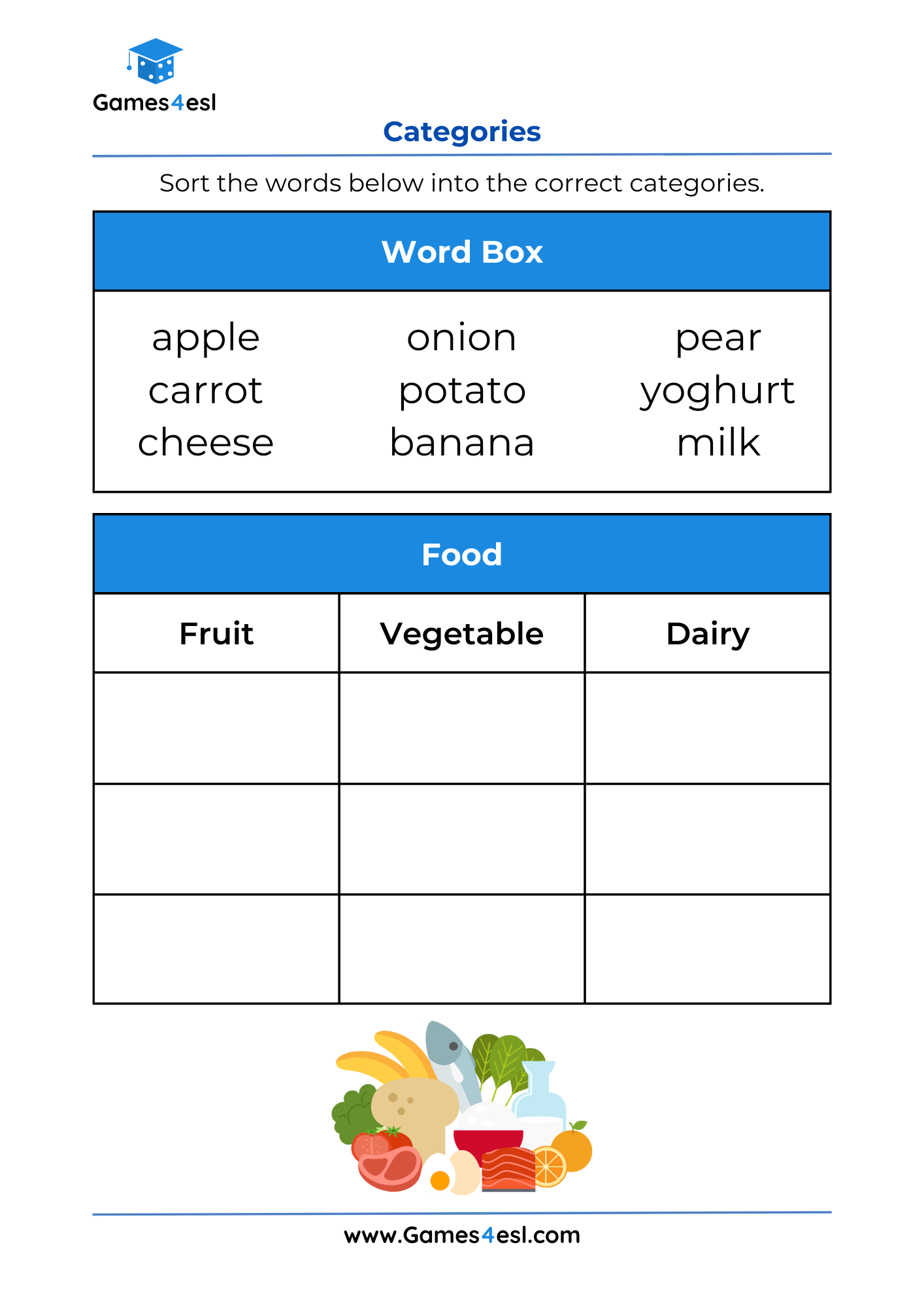 A category worksheet for grade 1