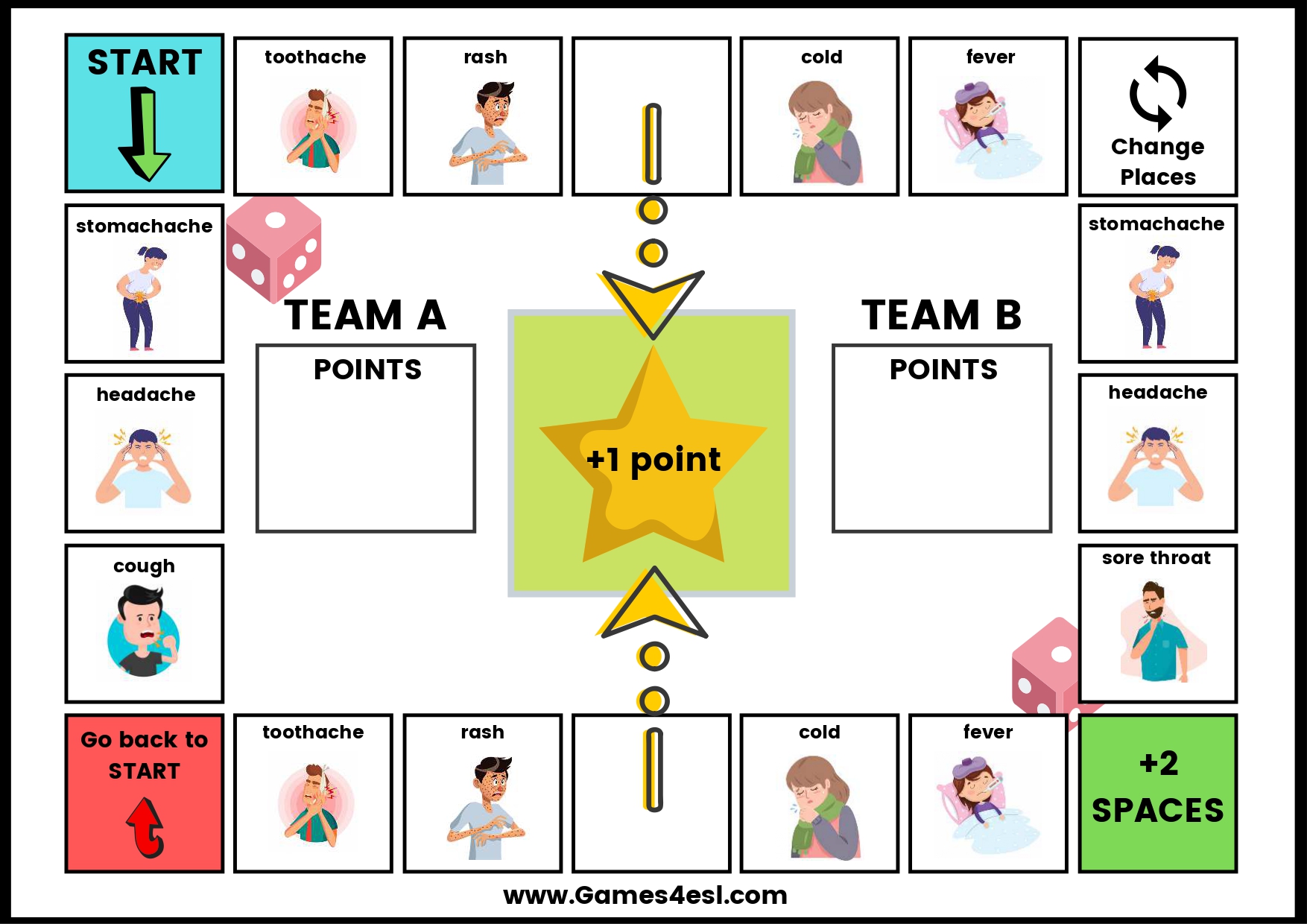 A printable board game for teaching health and sickness vocabulary in English.
