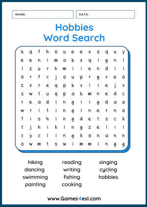 Hobbies Word Search Worksheet