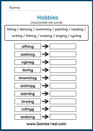 Worksheet about hobbies in English