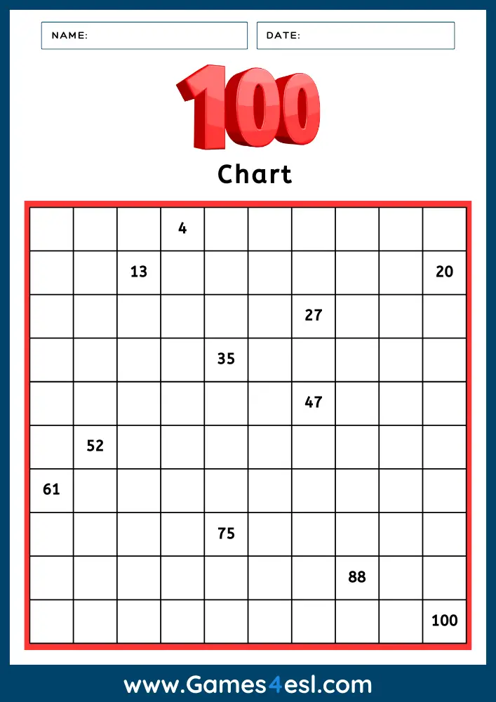 A hundreds chart with most numbers missing. 