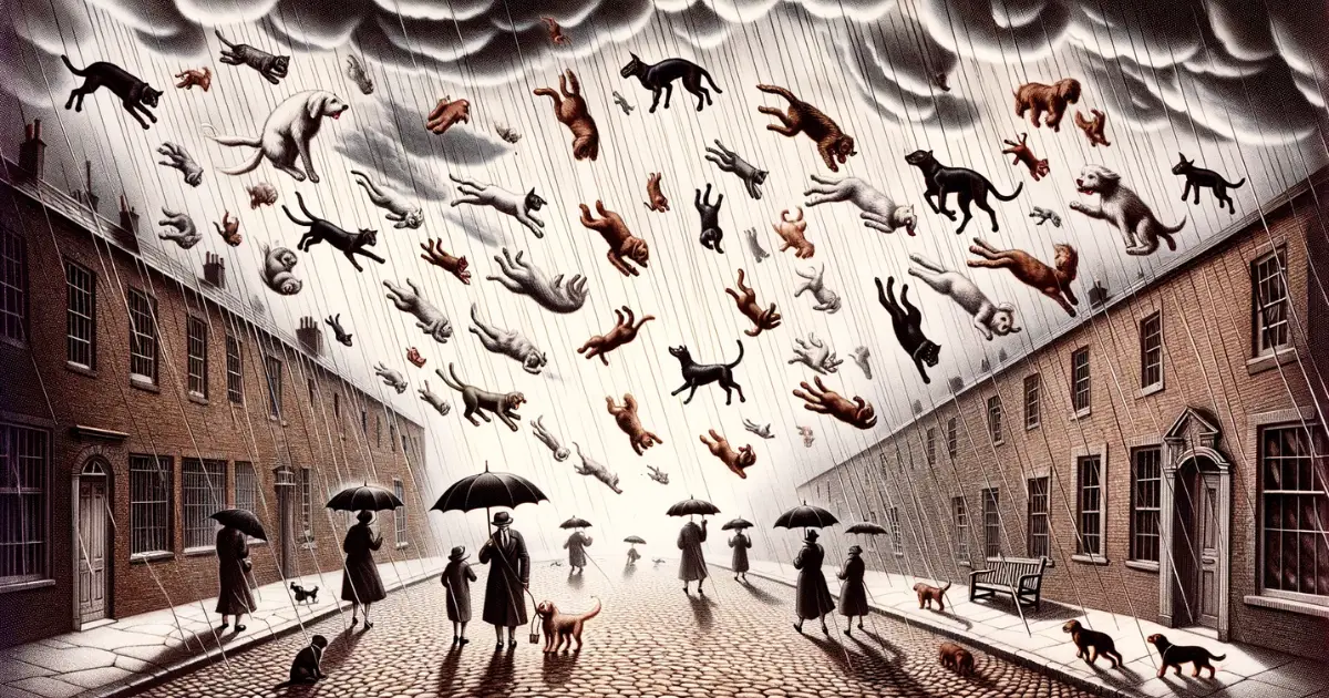 A picture depicting the English Idiom "Raining cats and dogs."
