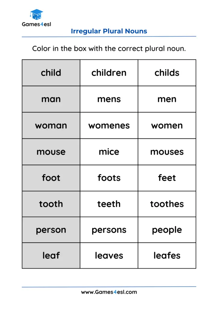 Irregular Plural Noun Worksheets | Games4esl