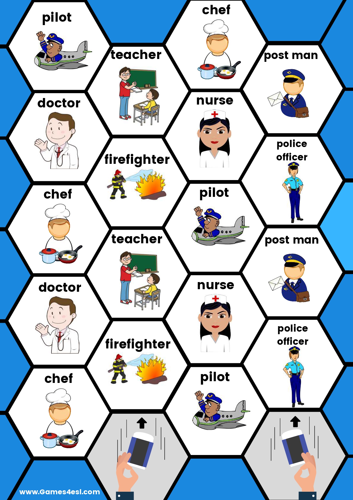 A printable board game about jobs and occupations in English.