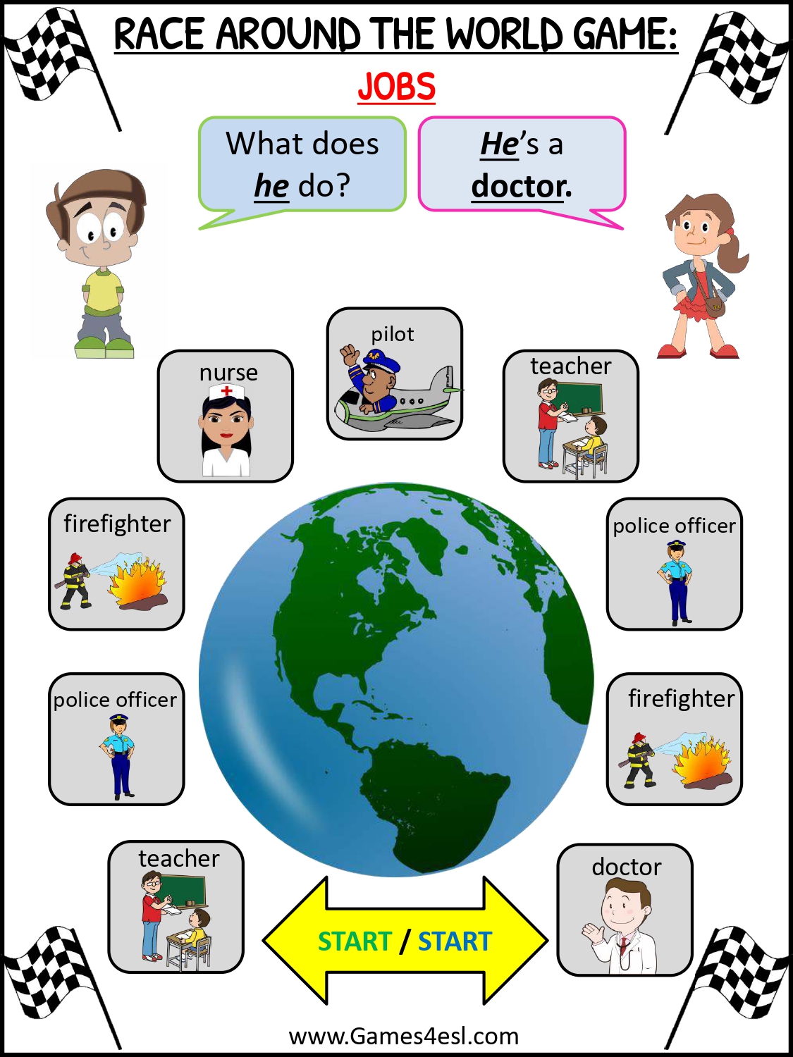 A printable board game about jobs and occupations in English.