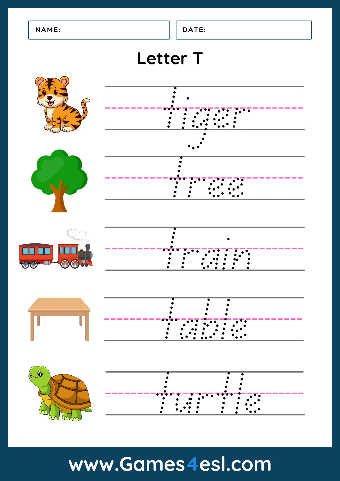 A Letter T writing worksheet