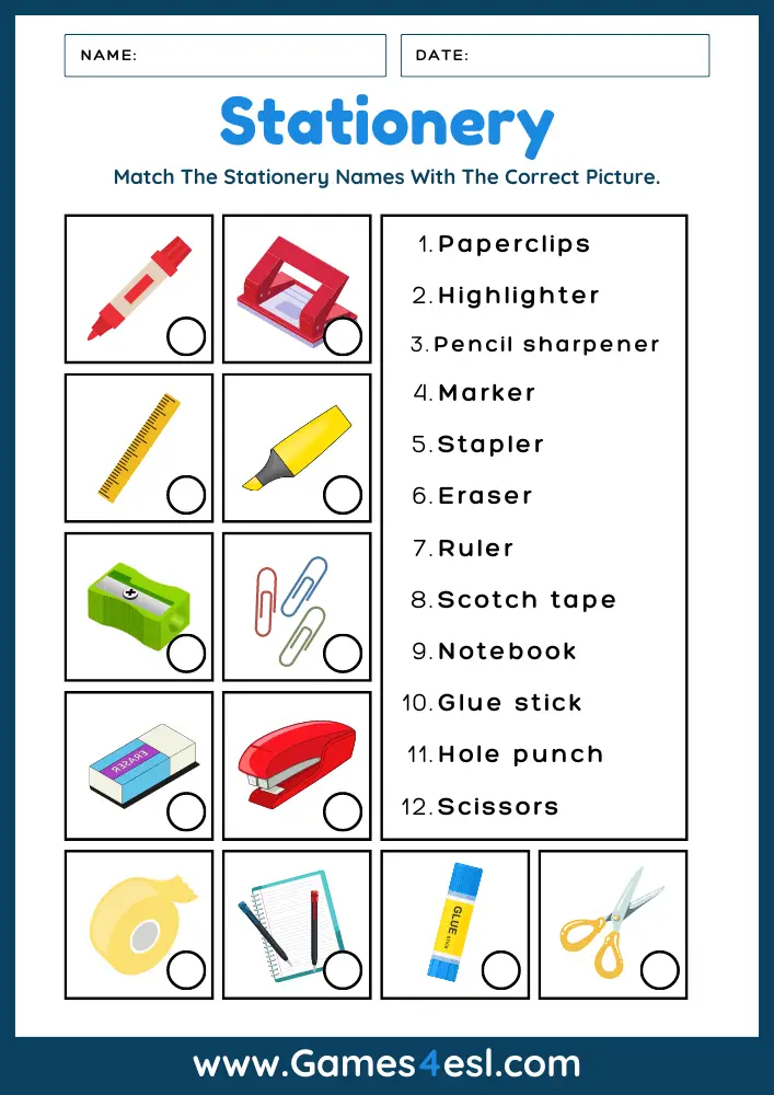 List Of Stationery - Worksheet