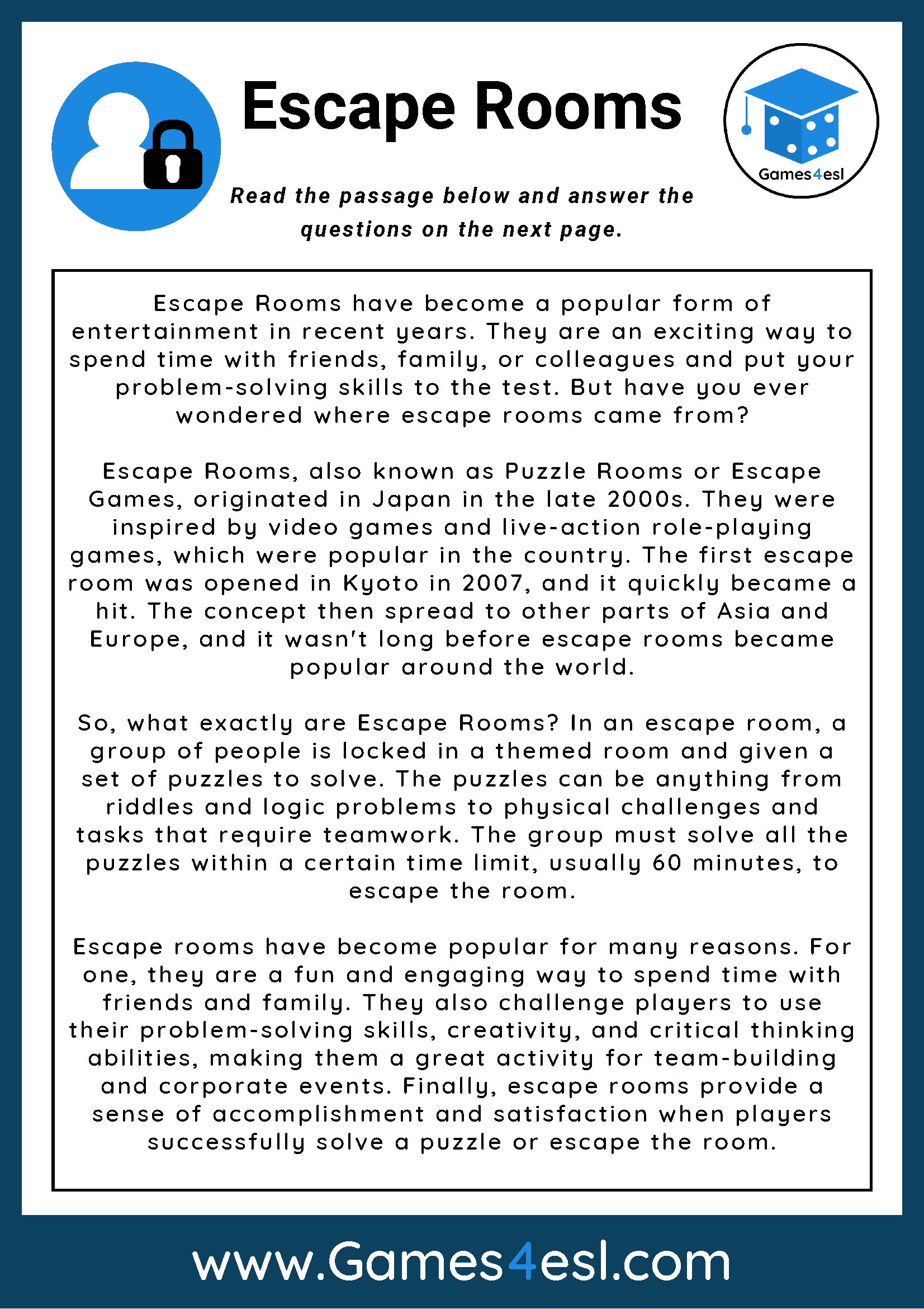 Middle School Reading Comprehension Worksheet About Escape Rooms