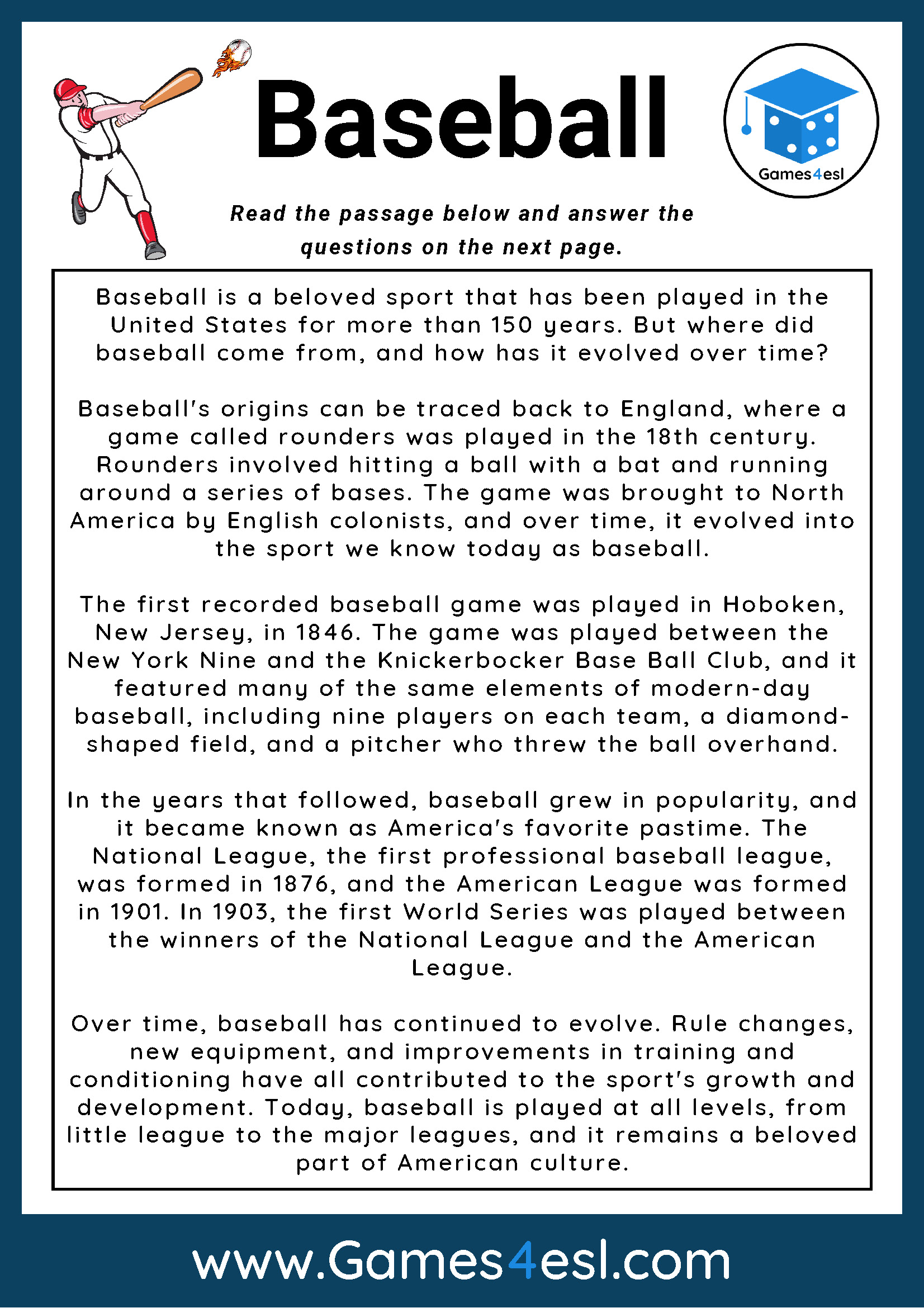 Middle School Reading Comprehension Worksheet About Baseball
