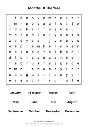 Months Of The year word search