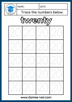 Number Tracing Worksheets 1 to 20
