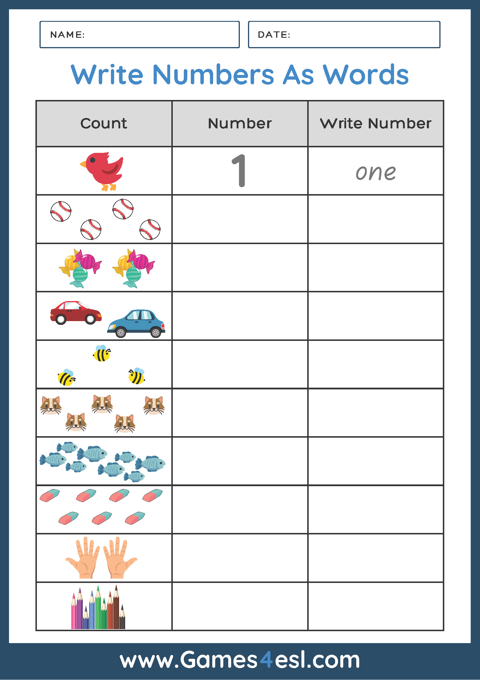 Numbers As Words Worksheet PDF
