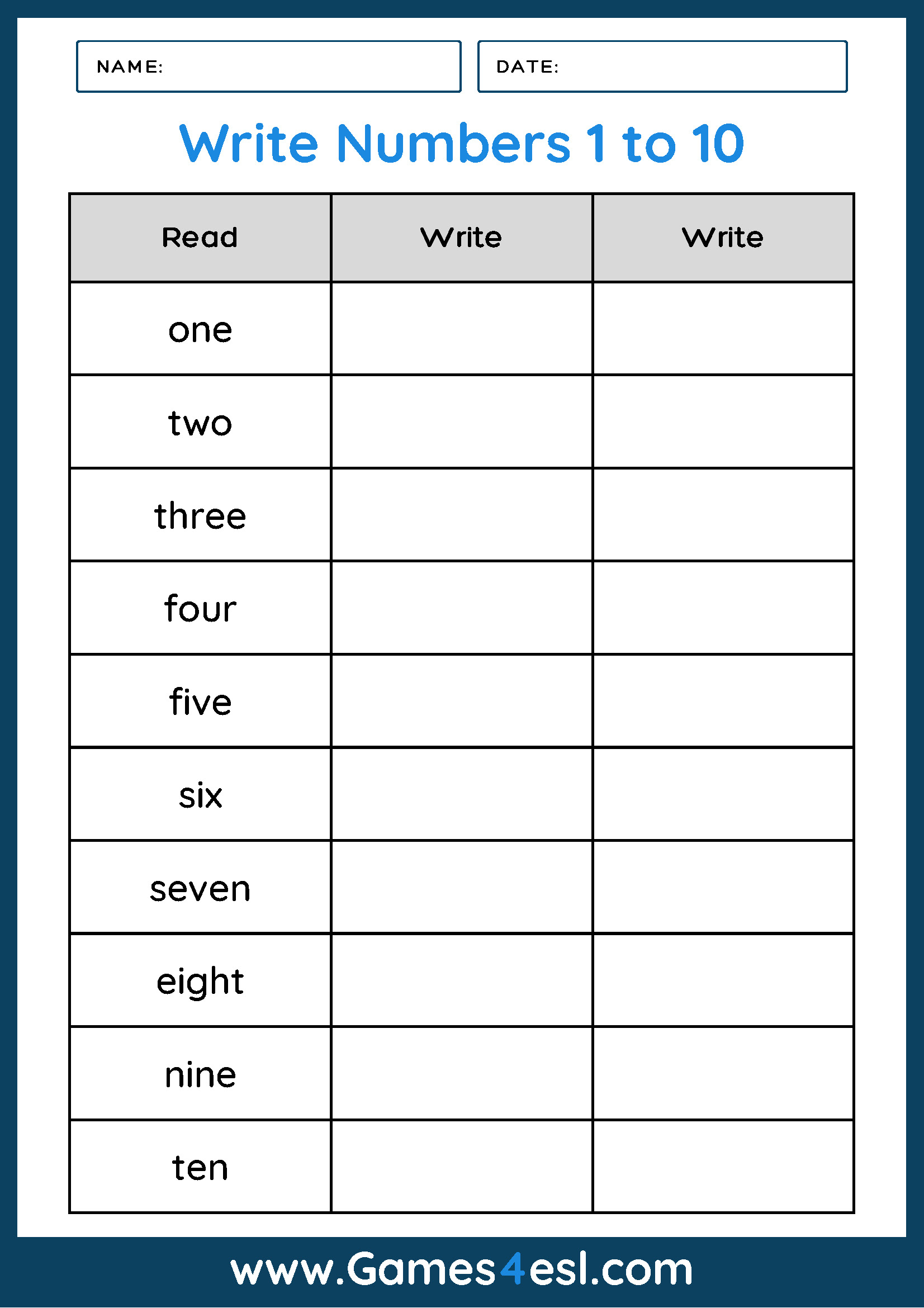 Numbers 1 to 10 as words worksheet