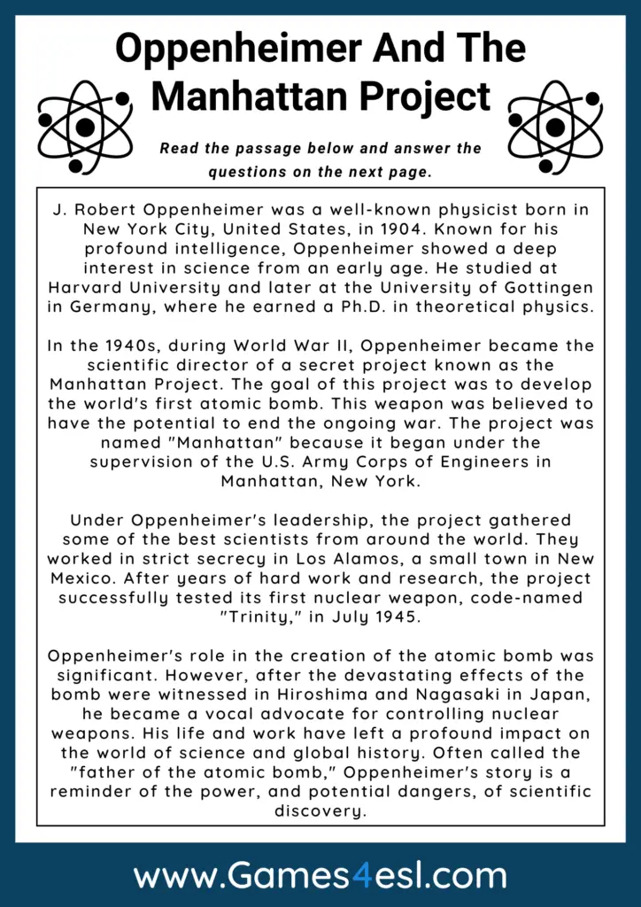 J Robert Oppenheimer And The Manhattan Project Reading Comprehension