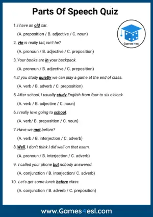 Parts Of Speech Quiz With Answers PDF