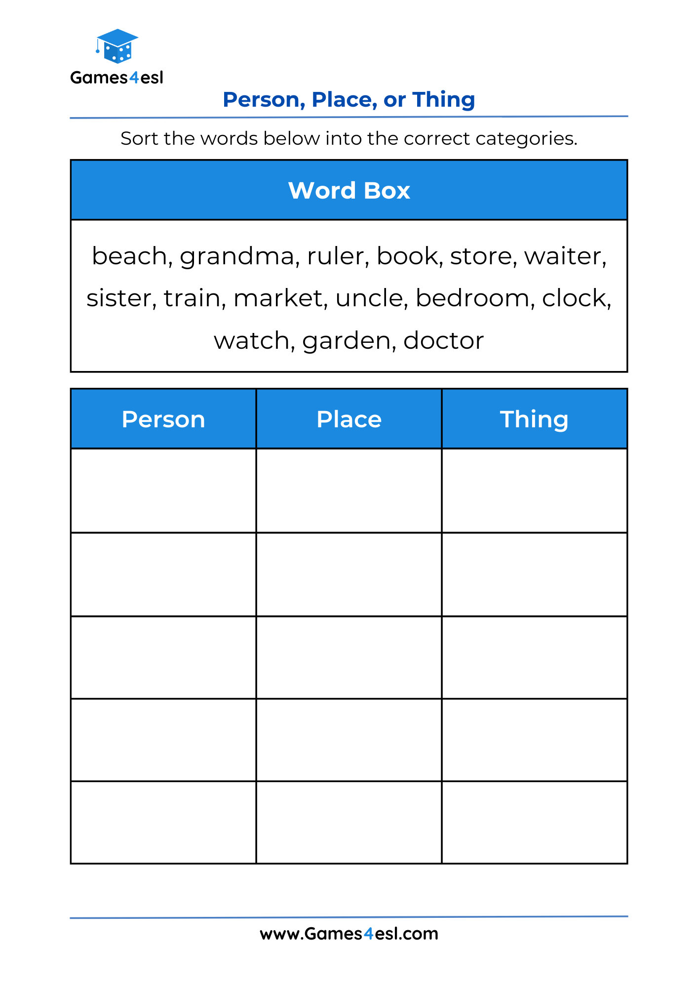A Person Place or Thing Worksheet