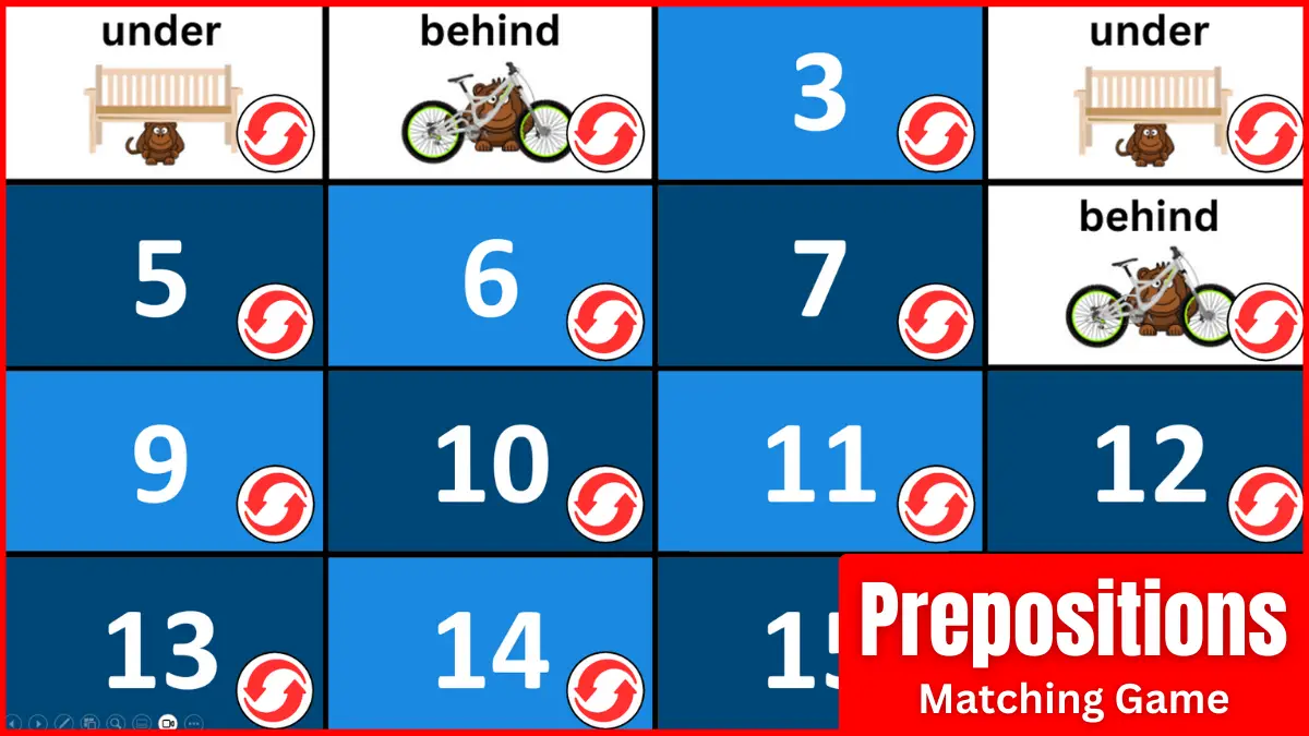 A memory game ppt for teaching prepositions of place.