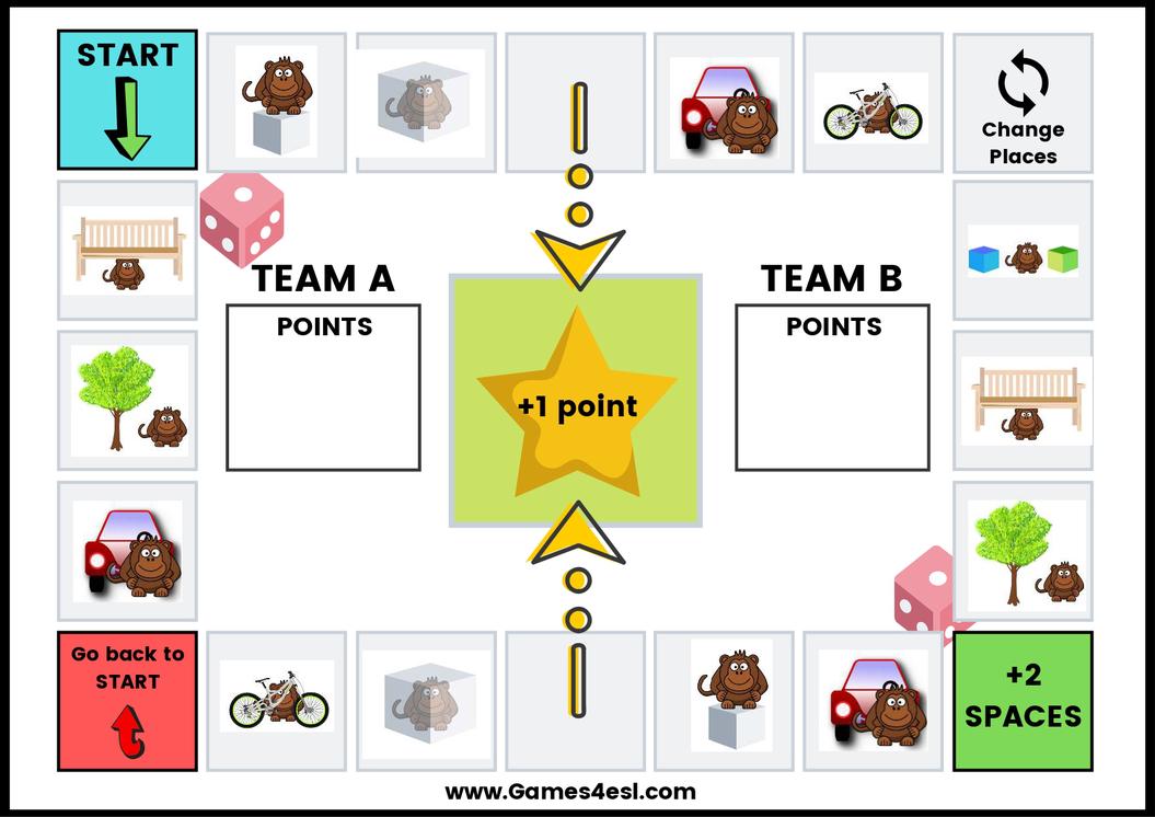 A printable board game for teaching prepositions of place in English.