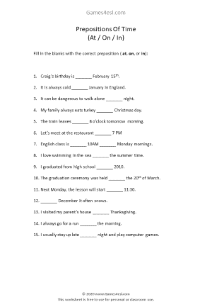 Preposition of Time exercise worksheet