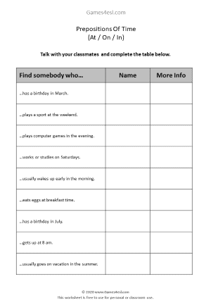 Prepositions Of Time Worksheet