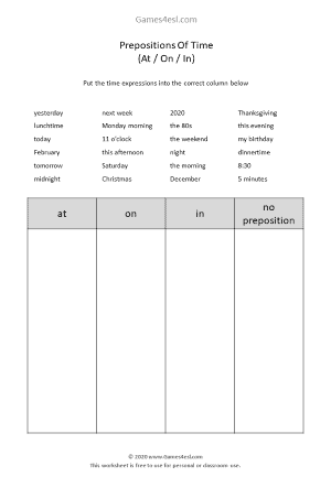 Prepositions Of Time Worksheets - In On At