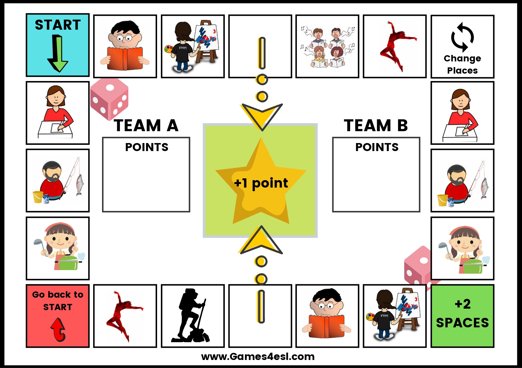 A printable board game for teaching the present continuous tense.