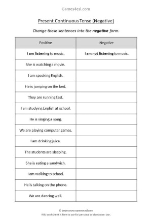 Present Continuous Exercise worksheet negative sentences