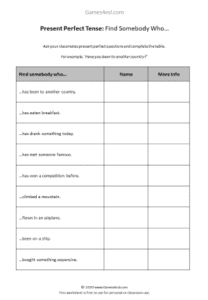 Present Perfect Find Somebody Who Worksheet