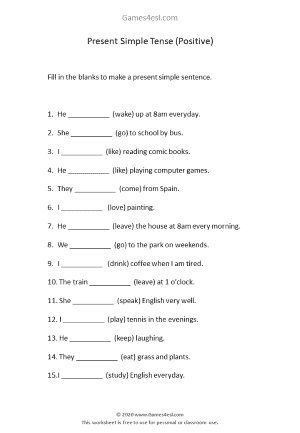 Present Tense Exercise Worksheet