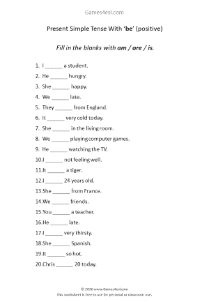 Present Simple Tense To Be Worksheet