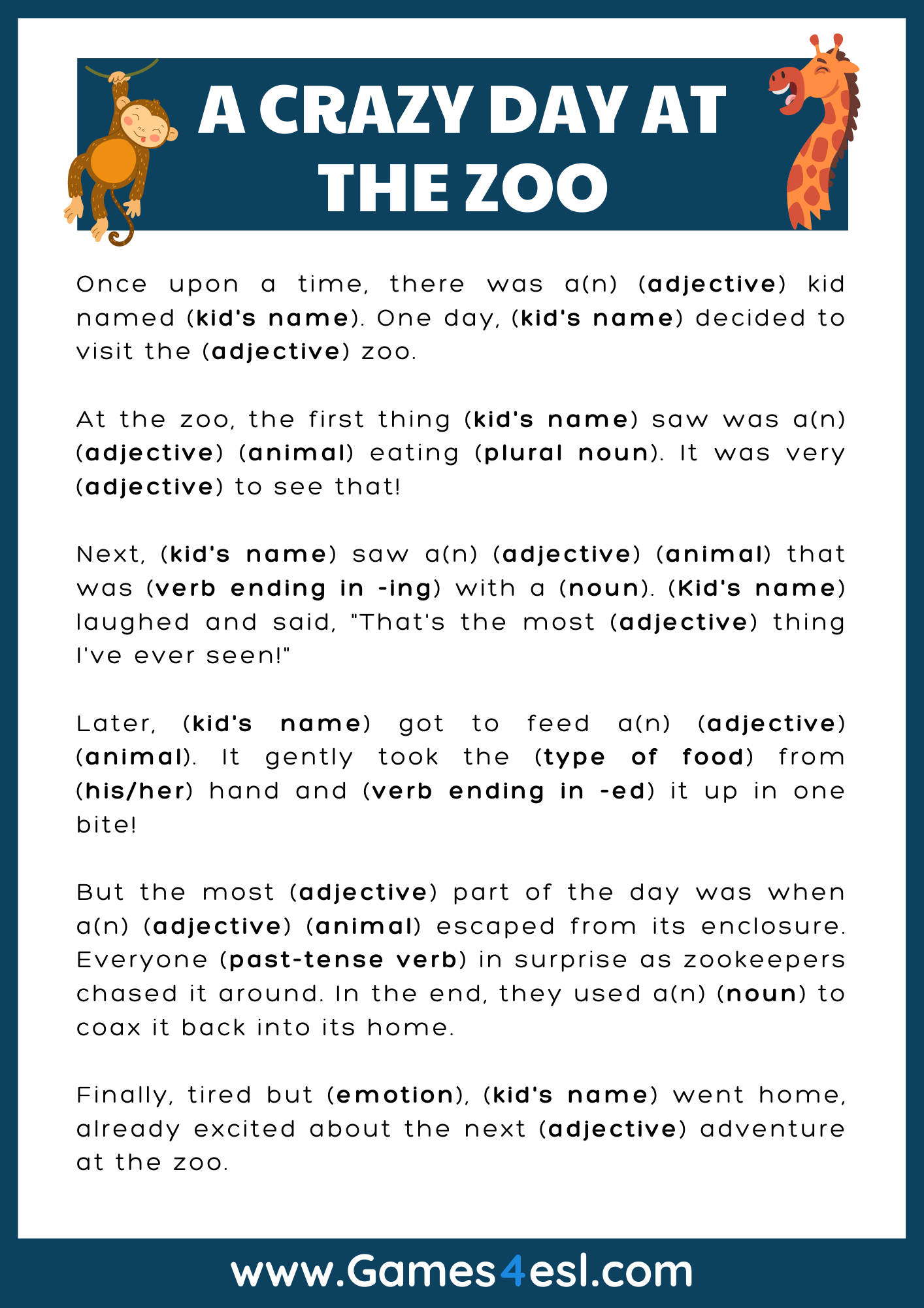 Printable Mad Lib Worksheet About Animals At The Zoo