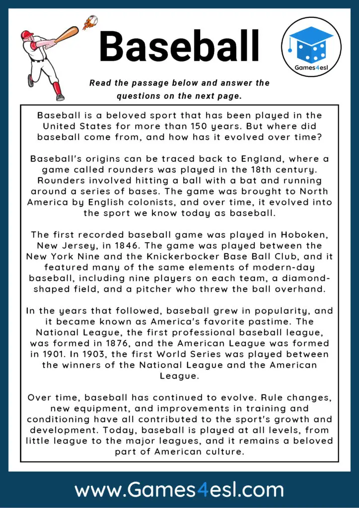 Reading Comprehension Worksheet About Baseball